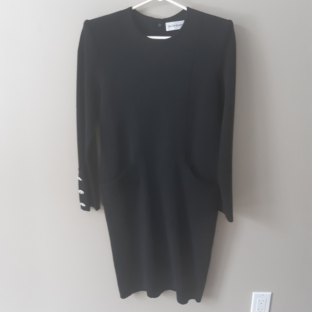 Vintage YSL dress black wool Jersey knit long sleeve. Crystal Buttons Medium LBD